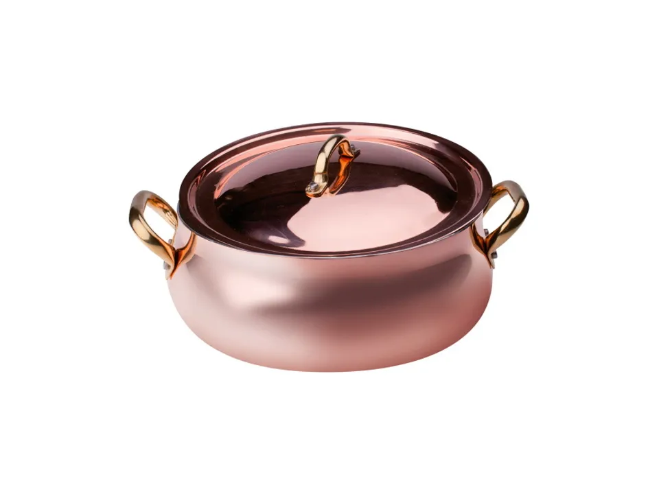 Casseruola bassa bombata in rame liscio stagnato a mano 2mm 2 maniglie e 1 coperchio, ø 24 cm Professionale