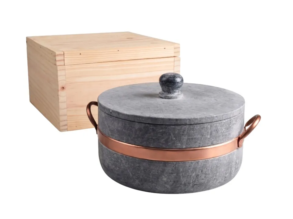 Casseruola alta in pietra ollare con manici in rame e scatola in legno - ø 24 cm Professionale