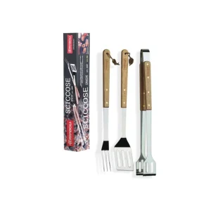Ferraboli - Set 3 Posate per Barbecue in Acciaio Inox con Manico in Legno Prezzo Di Fabbrica