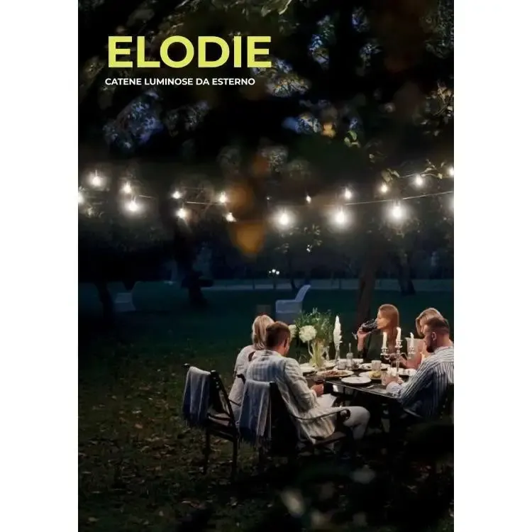 Promozione Esclusiva New Majestic Elodie Catena luminosa 15 bulbi LED a luce calda per esterno alimentazione pannello solare / alimentatore E15