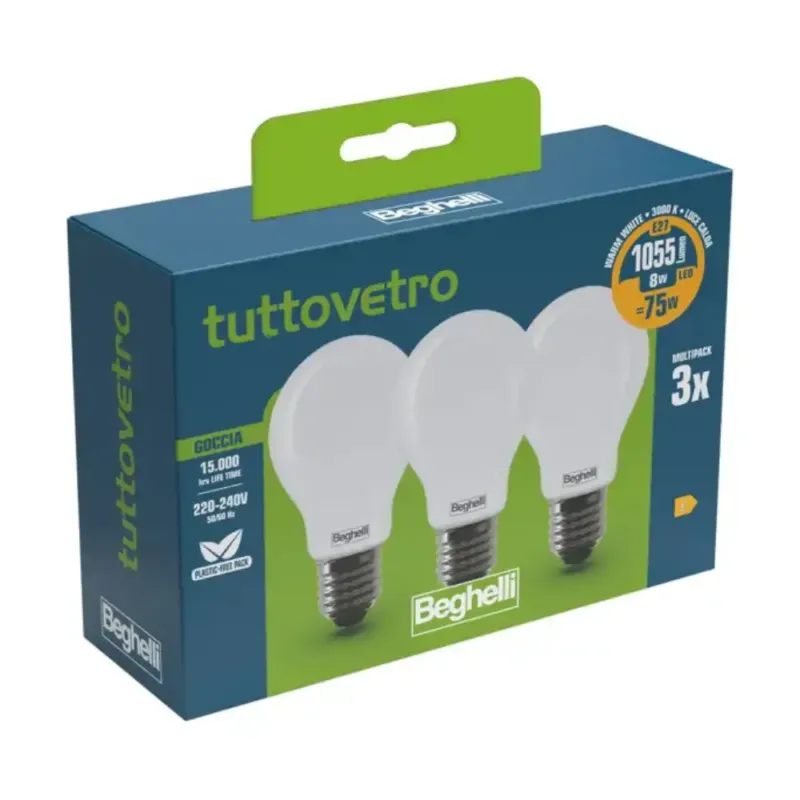 Beghelli Lampadina Led Goccia 8w E27 3000k 3pz Prezzo Basso