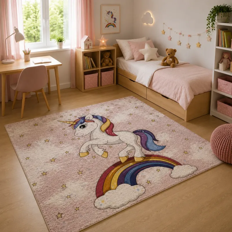 Tappeto UNICORNO Retrogommato Antiscivolo by Karì – Tappeto Cameretta Lavabile in Ciniglia Promozione Esclusiva
