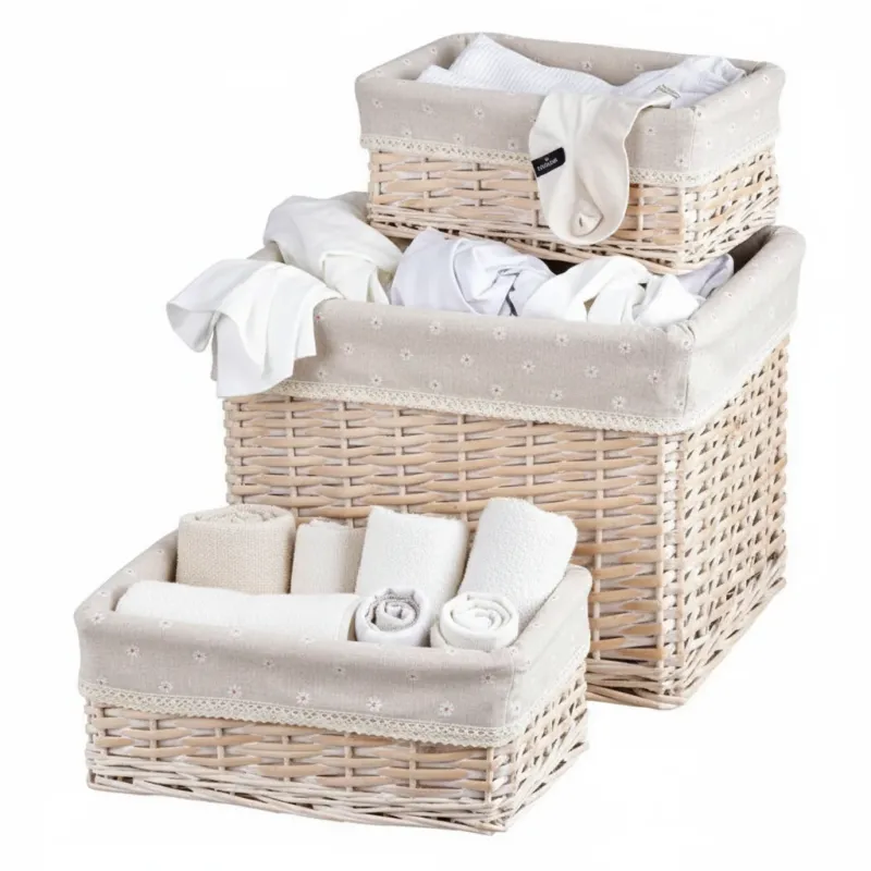 Pagamento Sicuro Set 3 Ceste Porta Biancheria Rettangolari in Vimini con Fodera Margherite - Montemaggi