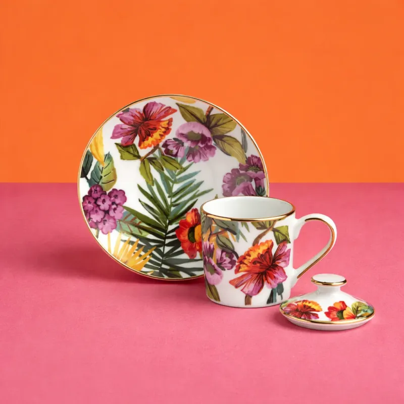 Tazza da Caffè con Coperchio e Piattino White Exotic Jungle - Weissestal Occasione Imperdibile