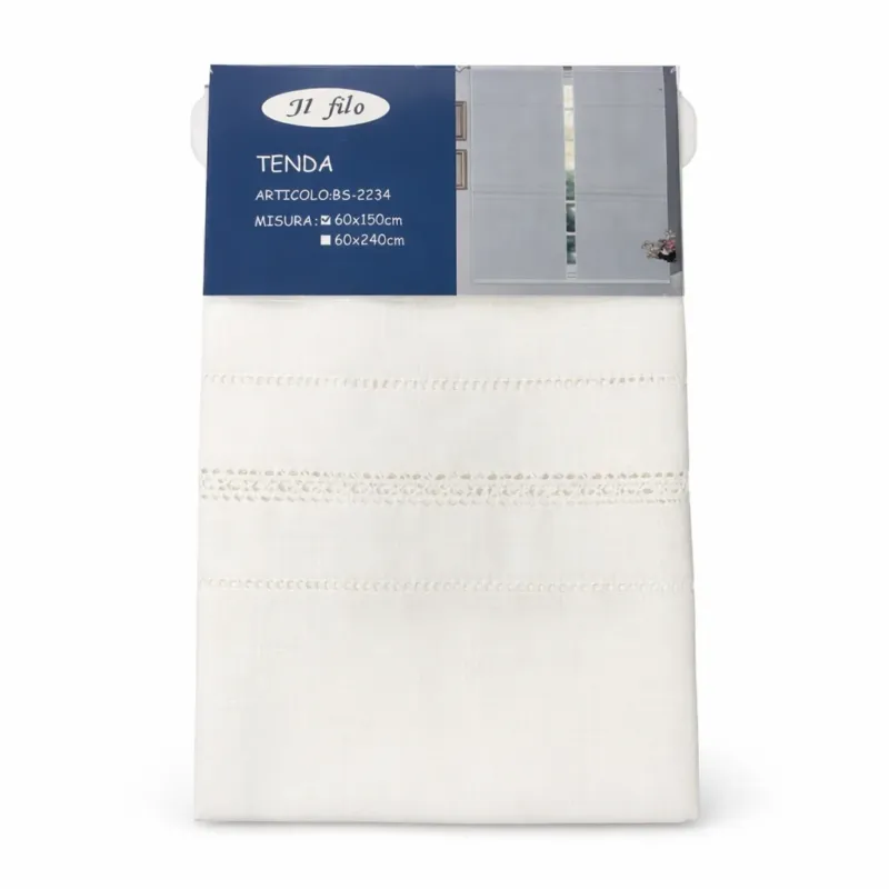 Tendina Elisa con tasca per bastone in tessuto effetto lino con ricamo a giorno 60x150 cm / 60x240 cm - Il Filo Promozione Esclusiva