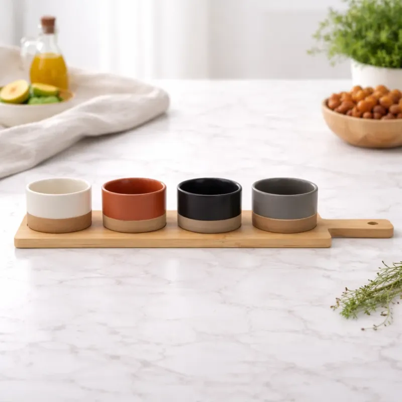 Antipastiera con 4 Ciotole in Ceramica e Base in Bamboo - Gusto Casa Nuovo Arrivo