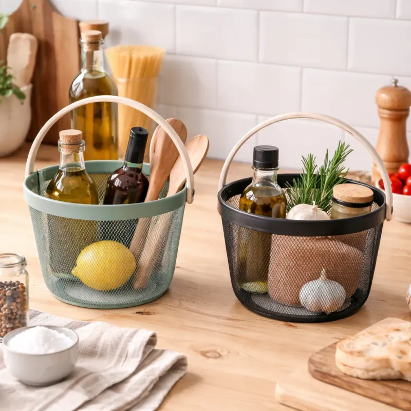 Cestino in Ferro Rotondo con Manico in Legno 25x24,5x18 cm – AD TREND Spedito Oggi