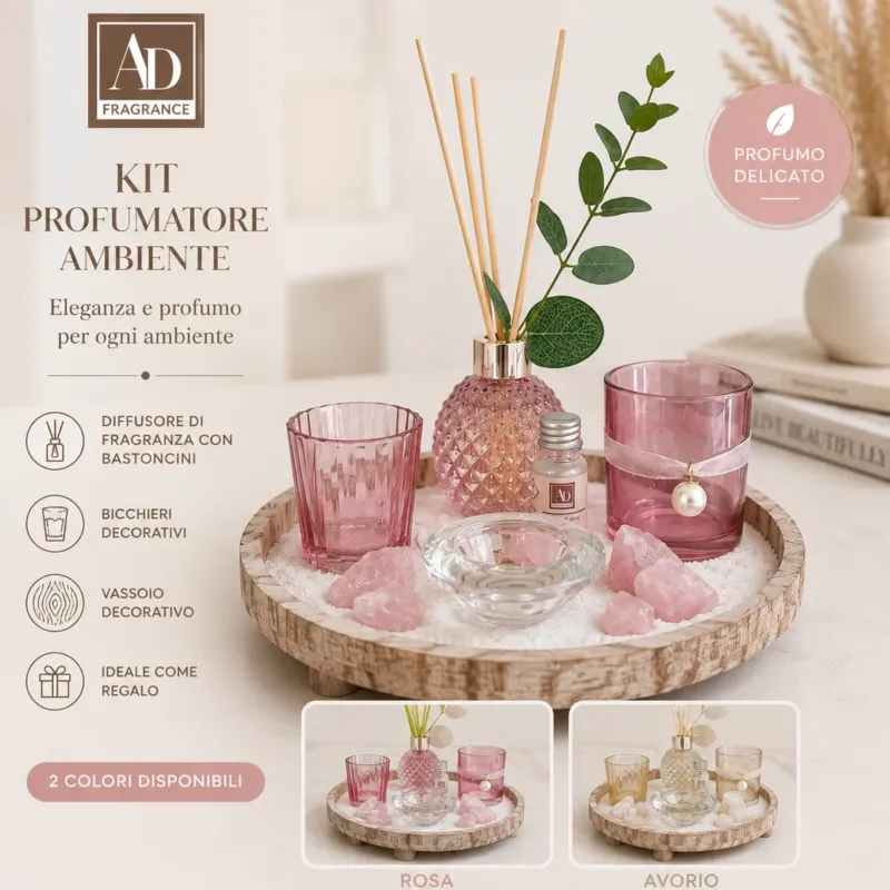 Promozione Kit Profumatore Ambiente AD Fragrance con Vassoio Decorativo – Rosa e Avorio