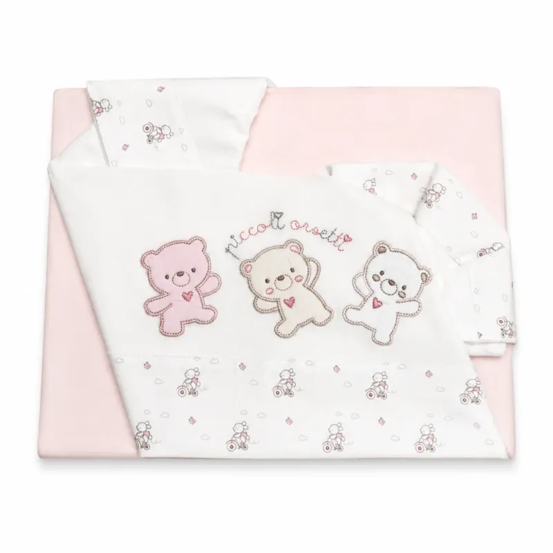 Completo Lenzuola Lettino 3 Pezzi Piccoli Orsetti - Bruco Bruco Promozione