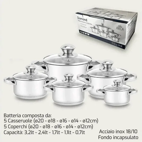 Esclusivo Set 5 Pentole Diamond 12/14/16/18/20 due manici in acciaio inox con coperchi - Arca